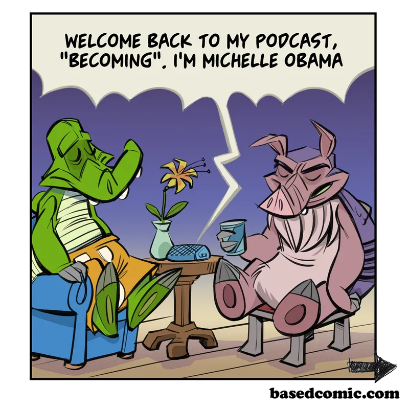 The frontpage cover art for the episode Michelle Obama Podcast from the comics series Based Comic, which is number 322 in the series