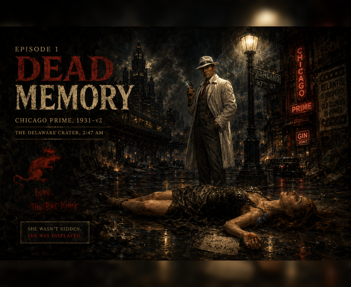 The frontpage cover art for the episode Ep. 1: A Crater Ballerina from the comics series Dead Memory: A Mercury Jones Mystery, which is number 1 in the series