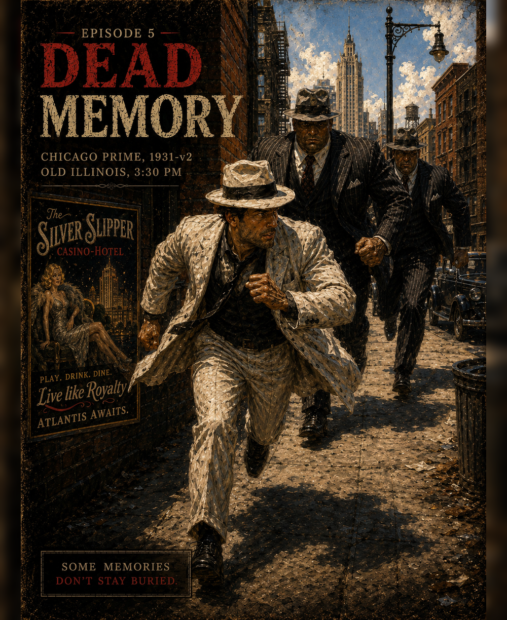 The frontpage cover art for the episode Ep. 5: Twin Titans from the comics series Dead Memory: A Mercury Jones Mystery, which is number 5 in the series