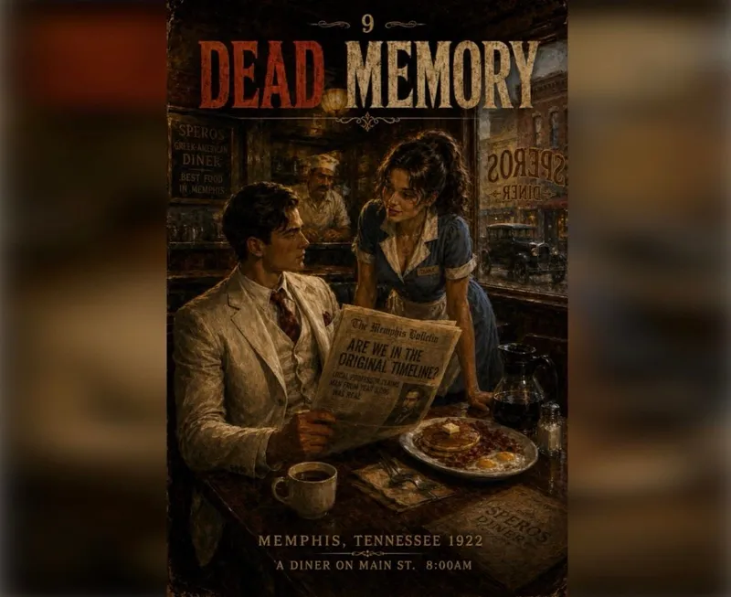 The frontpage cover art for the episode Episode 9: The Alt-Timeline Theory from the comics series Dead Memory: A Mercury Jones Mystery, which is number 10 in the series