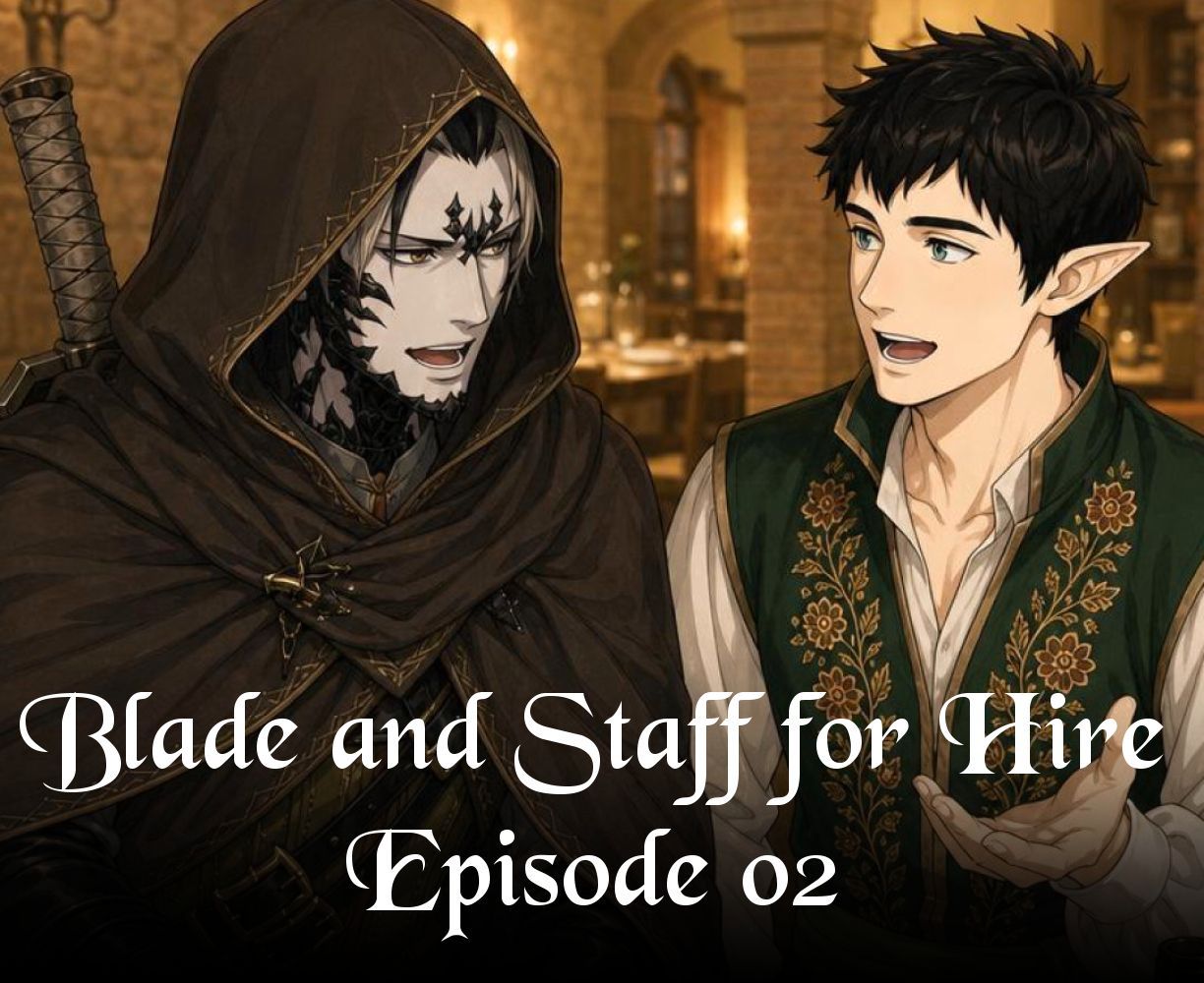 The frontpage cover art for the episode Dinner with Charles from the comics series Blade and Staff for Hire, which is number 2 in the series