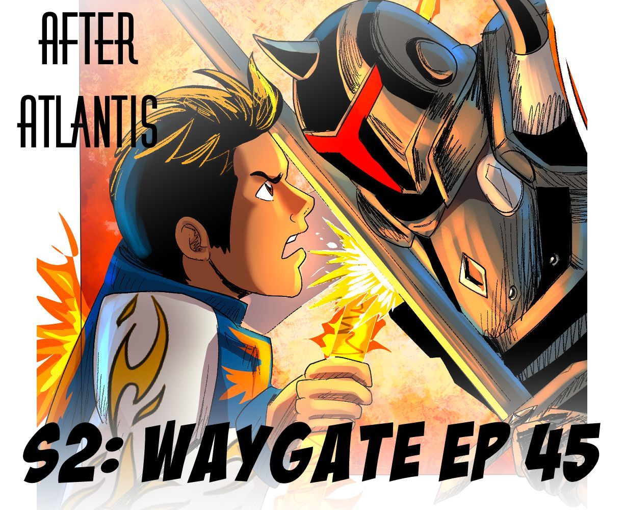 The frontpage cover art for the episode Fire vs Metal from the comics series After Atlantis, which is number 45 in the series