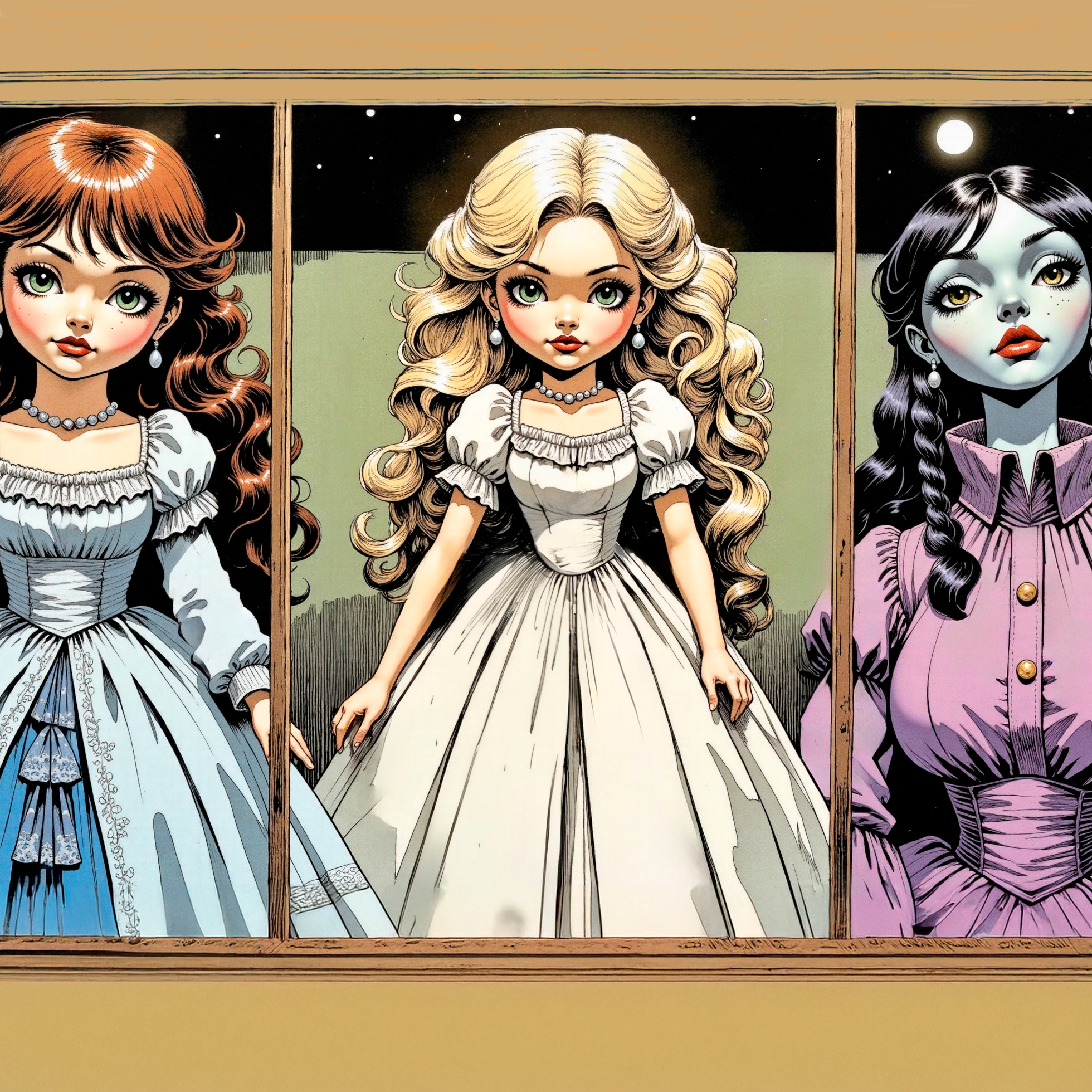 The cover art for the episode Dolls and Dresses from the comics series Three of Cups, which is number 18 in the series